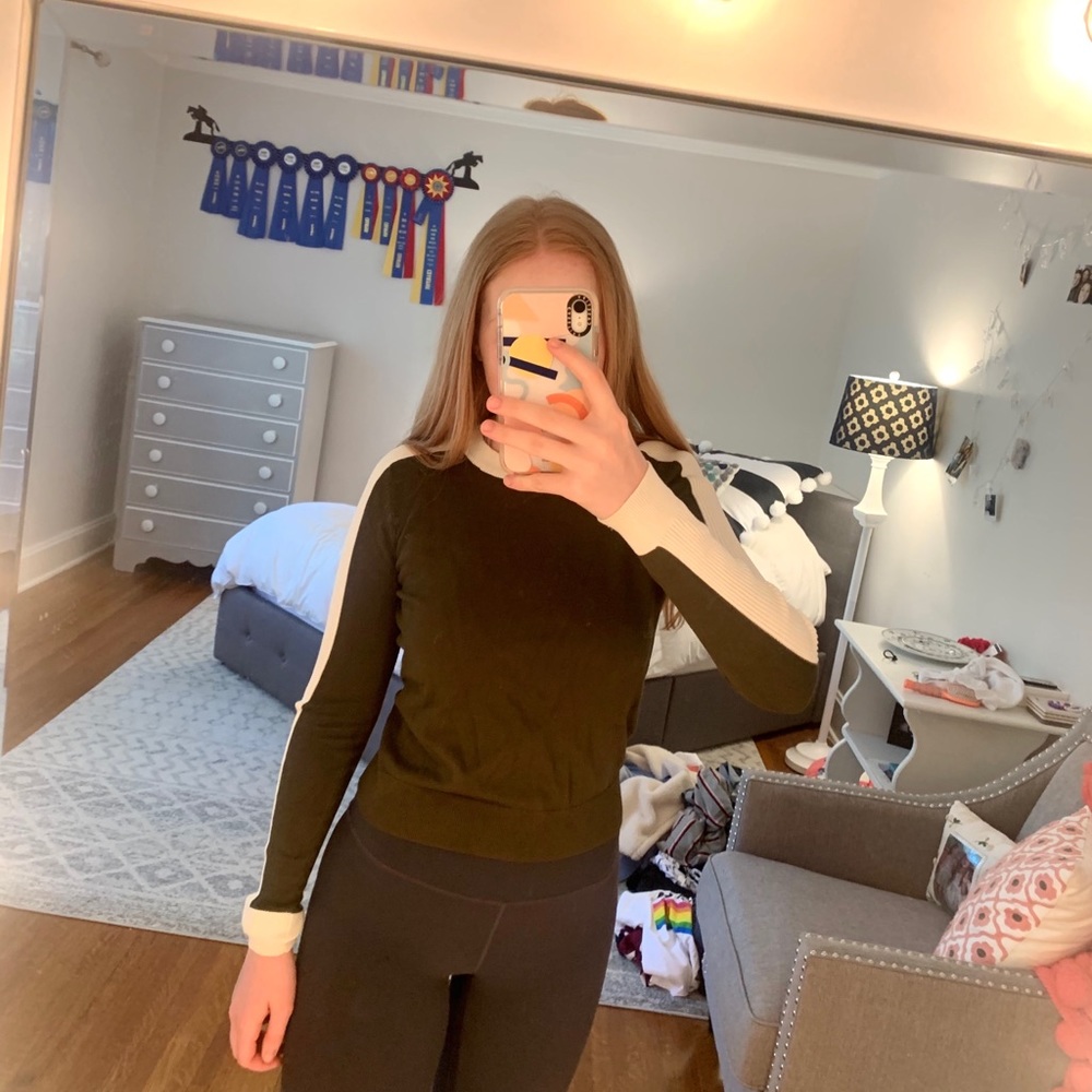 Olive green long sleeve w/ ivory sleeve stripes